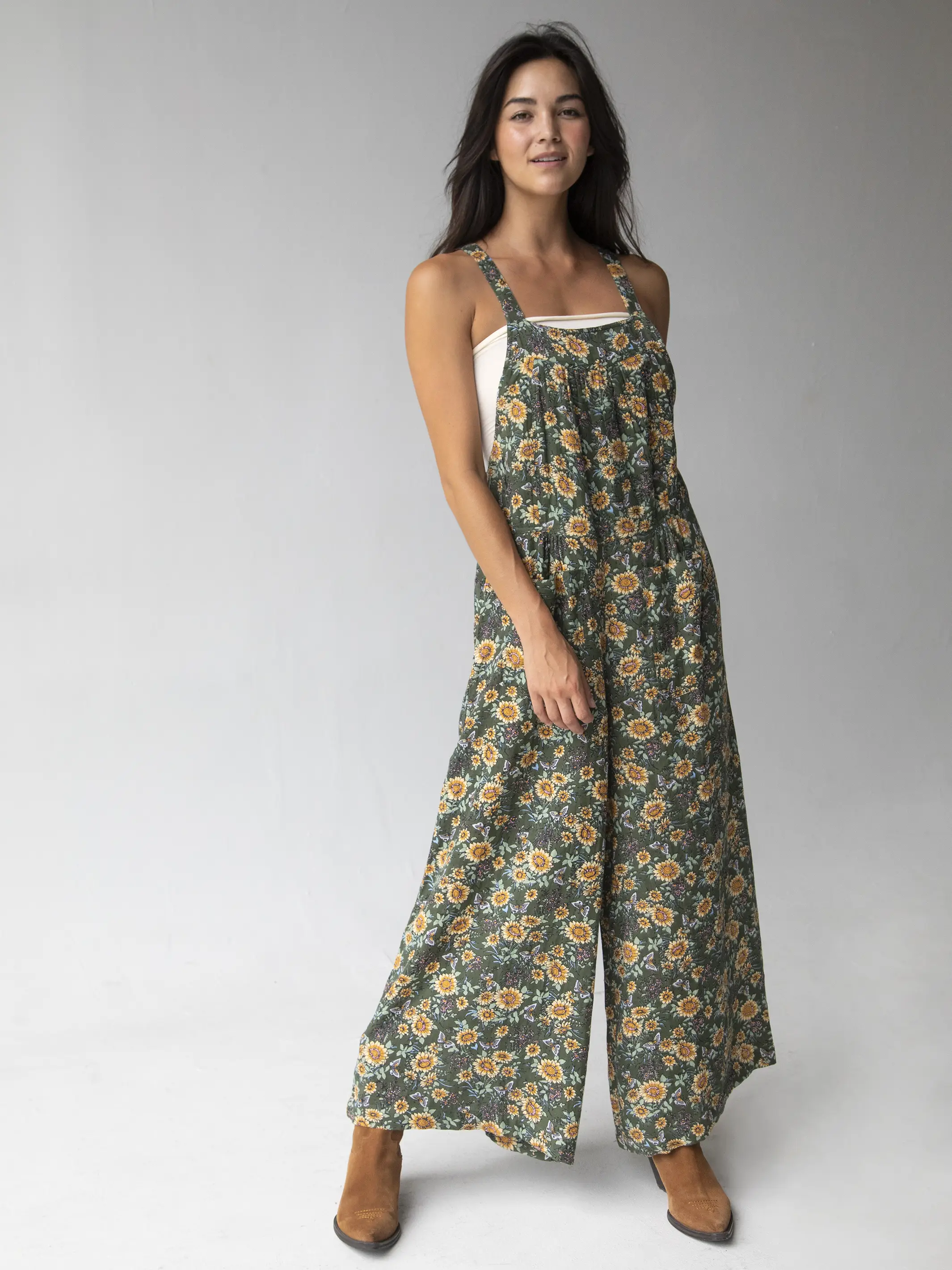 Dakota Tie Overall - Green Sunflower Butterfly Cotton