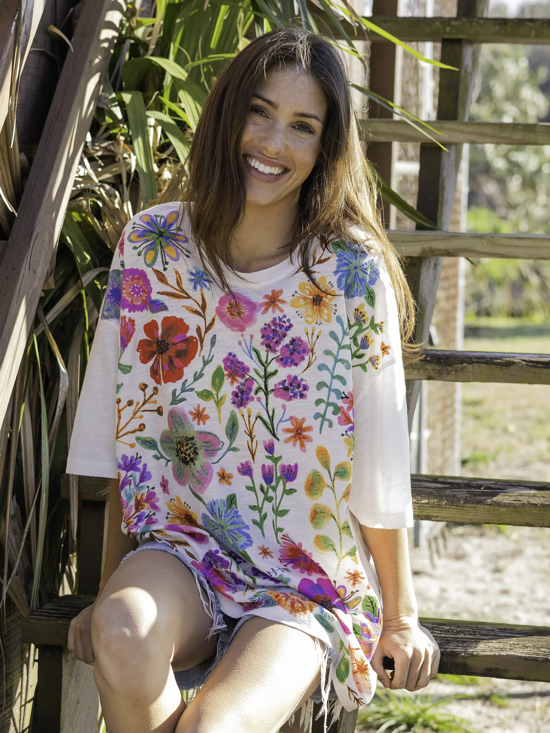 One Size Cotton Easy Tee - Rainbow Garden White