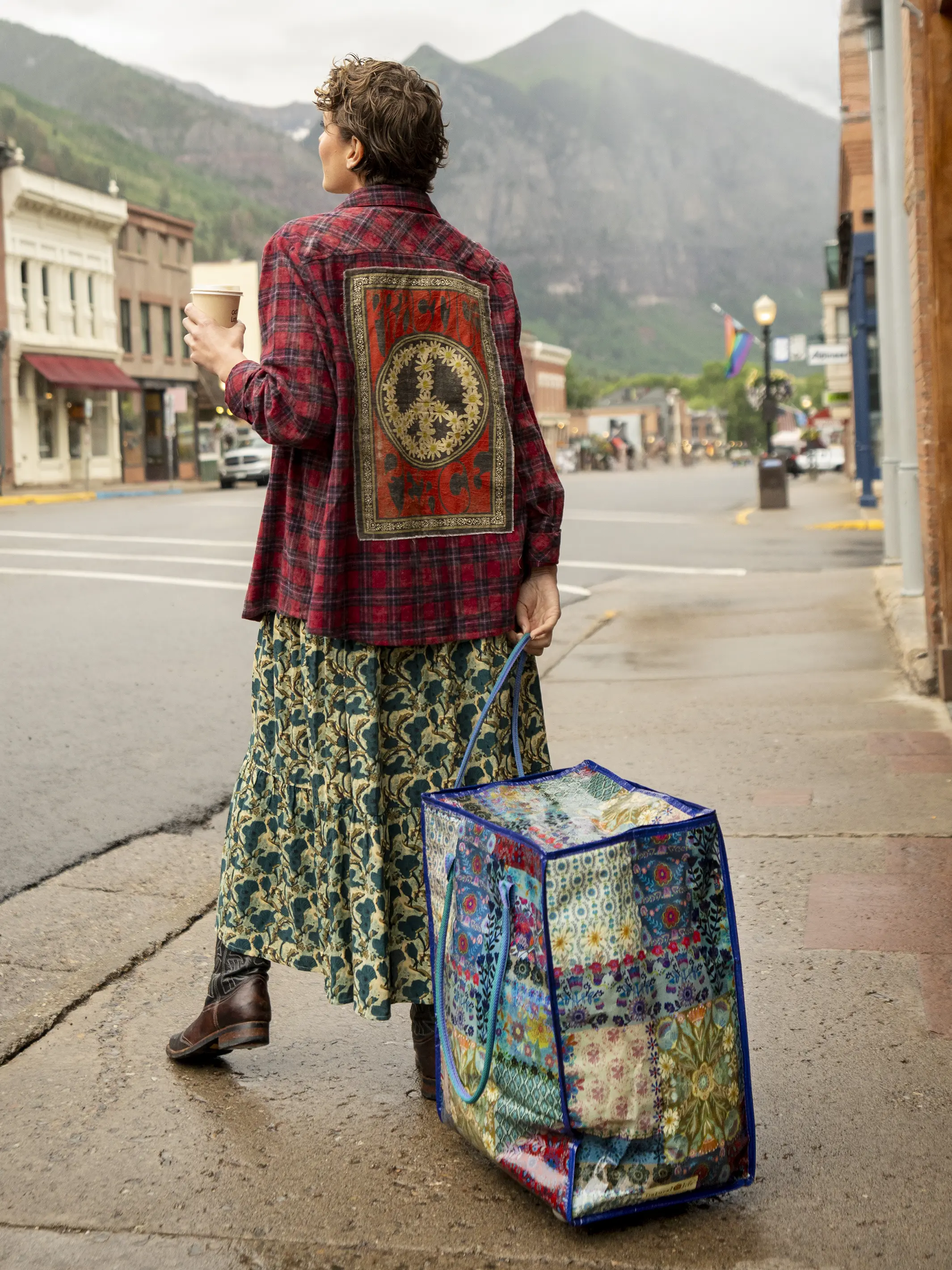 Rolling Tote Bag - Blue Patchwork