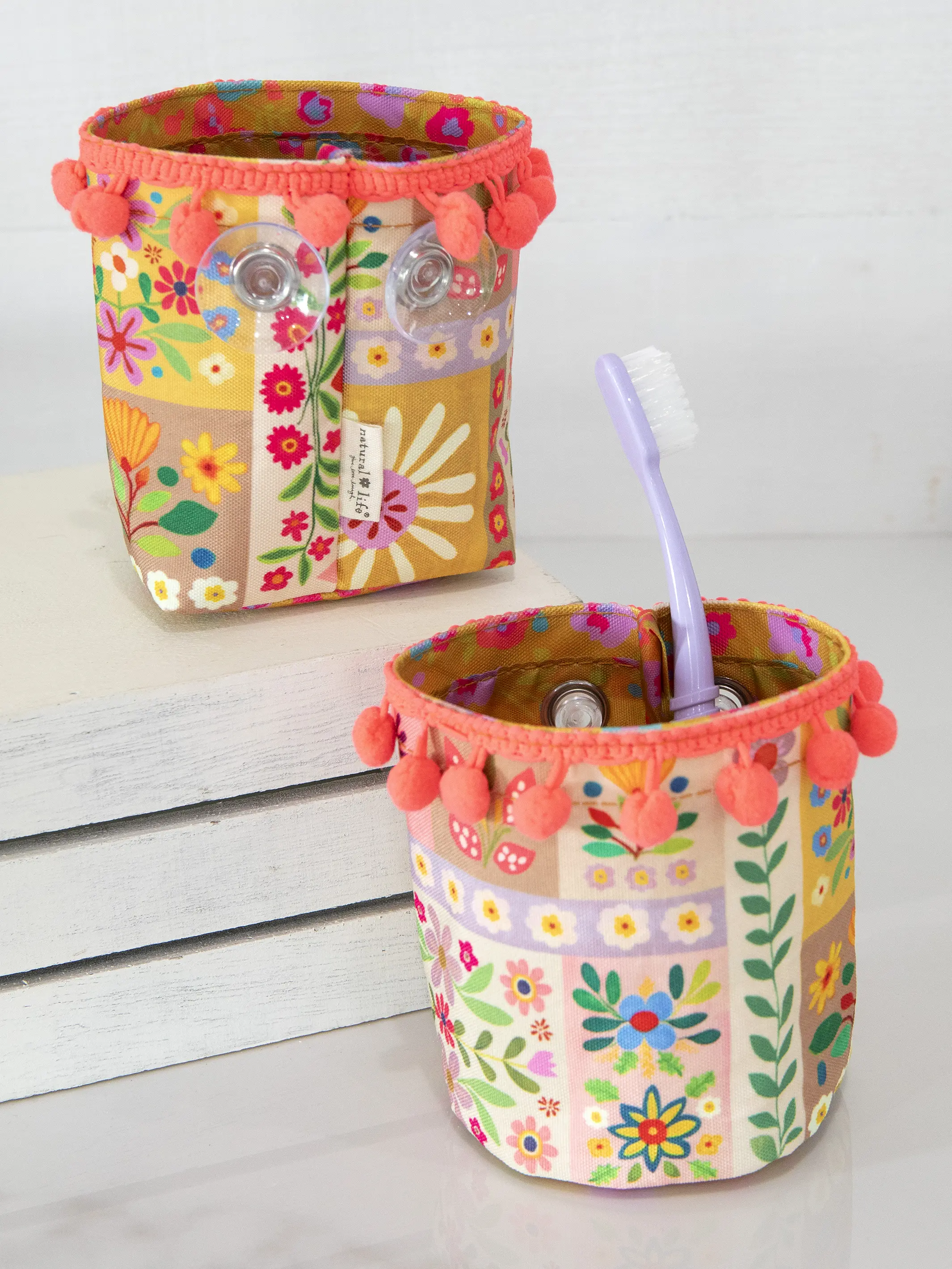 Suction Mounted Toothbrush Holder - Pink Folk Flower